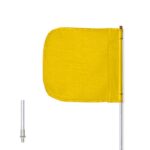 A Justrite Whip, Gp, 5, F12, Yf, Pl, Qd features a bright yellow fabric flag marked F12, attached to a long thin pole. The flag is square with rounded edges and the end piece of the pole is shown up close.