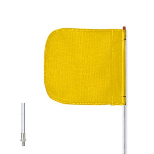 A Justrite Whip, Gp, 5, F12, Yf, Pl, Qd features a bright yellow fabric flag marked F12, attached to a long thin pole. The flag is square with rounded edges and the end piece of the pole is shown up close.