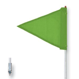 A bright green triangular safety flag labeled 5 is mounted on a metal pole against a white background, featuring a close-up of the Gp-branded metal connector. Product: Justrite Whip,Gp,5,Tf,Gf,Pl.