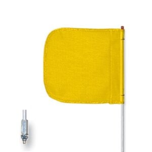 The Justrite Whip, Gp, 5, F12 Yf Pl is a small yellow safety flag attached to a metal rod with a spring connector for easy mounting. The rectangular flag has one rounded edge, and the rod and connector are elegantly positioned in the bottom left corner.