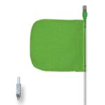 The Justrite Whip, Gp, 5, Lit, F12, Gf, Pl features a green safety flag on a long pole with a small top light. The rectangular flag has one rounded edge and a metal base fixture to securely attach the pole.
