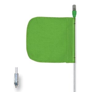 The Justrite Whip, Gp, 5, Lit, F12, Gf, Pl features a green safety flag on a long pole with a small top light. The rectangular flag has one rounded edge and a metal base fixture to securely attach the pole.