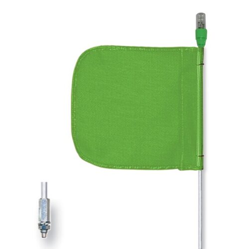 The Justrite Whip, Gp, 5, Lit, F12, Gf, Pl features a green safety flag on a long pole with a small top light. The rectangular flag has one rounded edge and a metal base fixture to securely attach the pole.