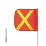The Justrite Whip, Gp, 5, F12, Of, Yx, Qd has a red square safety flag with a yellow reflective X on a slender silver pole and metal connector base for enhanced visibility and safety.