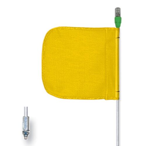 A yellow Justrite Whip, Gp, 6, Lit, F12, Yf, Pl is attached to a metal pole with a green cap. Next to it rests a small metallic piece resembling a sensor or connector on the white background.