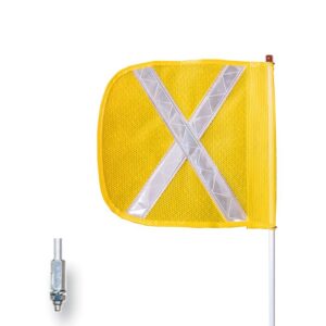 The Justrite Whip, Gp, 6, F12, Yf, Wx has a yellow mesh flag with a reflective silver X on a sturdy white pole and includes a small metallic cylinder on the left to enhance visibility and safety against the white background.