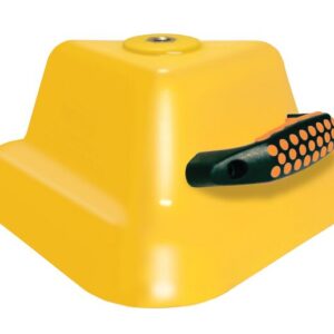 A square-based yellow plastic object with sloped sides, featuring a black handle with orange dots on one side; likely the Justrite Whip, Acc, Mnt, Mag, Hndl cleaning tool.