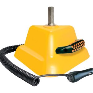 The Justrite Whip is an ideal car accessory (Acc), featuring a yellow base with a sleek black spiral cable tailored for automobile sockets, topped with a rectangular black switch and ending in a sleek plug.