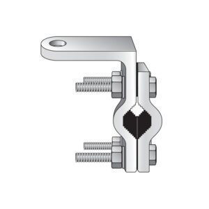 Illustration of the Justrite Whip, Acc, Mnt, Brkt, Tube, Mirror: a metal clamp with a top hole and bolt mechanism. Ideal for tube installations with serrated jaws and secured by two bolts and nuts on each side. Stylized cross-section view on a white background.