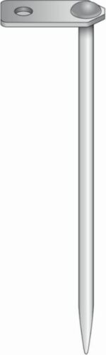 The Justrite Whip, Acc, Mnt, Stake is a metal tent stake with a flat top, hook, and hole for secure setup. Its pointed end allows for easy ground insertion. The simple design in shades of gray makes it ideal for your mountain adventures.