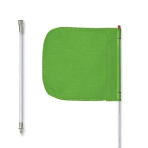 The green Justrite Whip,Gp,8,F12,Gf,Pl,Spqd features a rectangular safety flag with rounded edges. It includes a white rod and metal pole for easy assembly, displayed alongside the disassembled components.
