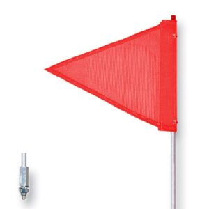 The red triangular safety flag made of mesh is mounted on a metal pole with a bracket for easy attachment, ensuring enhanced visibility for bicycles or trailers. Its comparable to the reliable Justrite Whip, Gp, 8, Tf, Of, Pl design.