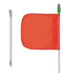 A Justrite Whip pole, labeled Gp,8,Lit,F12,Of,Pl,Spqd, sports a red safety flag with a green LED light. Another similar pole on the left lacks the flag. Both poles feature end connectors for secure attachments and versatile use.