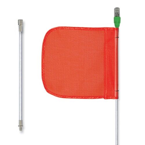 FS8L-SPQD-O.jpg A Justrite Whip pole, labeled Gp,8,Lit,F12,Of,Pl,Spqd, sports a red safety flag with a green LED light. Another similar pole on the left lacks the flag. Both poles feature end connectors for secure attachments and versatile use.