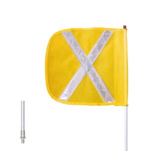 The Justrite Whip, Gp, 8, F12, Yf, Wx, Qd features a yellow square safety flag with a reflective silver X, pole with red-tipped top and includes an F12 label. It is displayed with a silver attachment piece.
