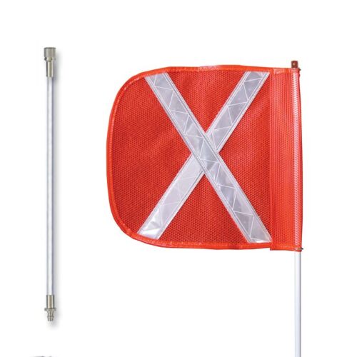 FS8X-SPQD-16-O.jpg The Justrite Whip,Gp,8,F16,Of,Wx,Spqd features a red safety flag with a white reflective X, along with its F16 metal pole attachment displaying the flag and mounting component.