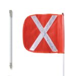 A Justrite safety flag, bright red with a reflective white X, is attached to a rod on the right, while an unattached rod stands vertically on the left, resembling Gp 8 signage.