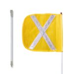 A Justrite Whip,Gp,8,F12,Yf,Wx,Spqd features a yellow square flag with a silver reflective X design on a thin vertical pole alongside another on a white background.