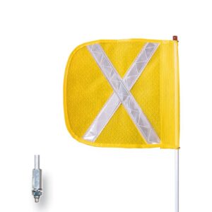 The Justrite Whip, Gp, 8, F12, Yf, Wx features a yellow square flag with a reflective silver X on a sturdy white pole. A metallic attachment piece with a threaded end completes the display against the pure white background.