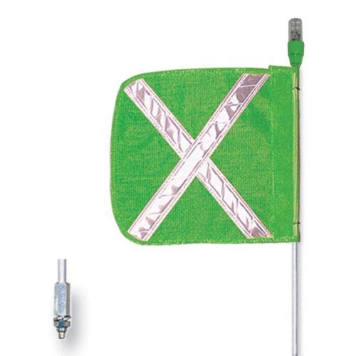 A Justrite Whip Gp 8 Lit F16 Gf Wx displays a green square flag with a reflective silver X and a small lit green light fixture atop the pole, complemented by a sturdy metal connector for reliable attachment.