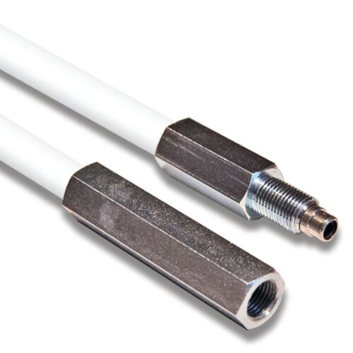 Close-up of two sleek, white rods with metallic hexagonal ends. One resembles the Justrite Whip, Gp, 4, Lit, Ext design with a threaded connector; the other has a smooth opening. Displayed on a white background to highlight their streamlined elegance.