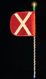 The Justrite Whip,Ap,Led,A,10,Of,Yx,A features a red flag with a yellow X design on a black background. It includes LED string lights and is topped with a glowing bulb for an intensified luminous display.