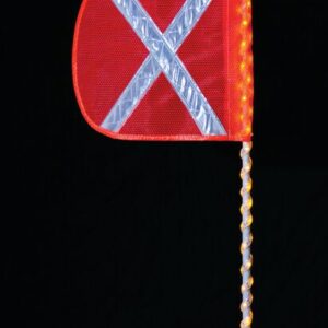 The Justrite Whip,Ap,Led,A,3,Of,Wx,Af features a reflective white X flag on a pole with small lights and a glowing top bulb set against a black background.
