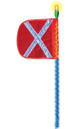 The Justrite Whip,Ap,Led,B,5,Of,Wx,Af is a red safety flag featuring a reflective silver X and LED lights on a blue flexible pole. The top has a glowing yellow bulb on a green base.