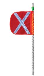 The Justrite Whip,Ap,Led,W,10,Of,Wx,Wf is a 10-foot red safety flag with a white reflective X pattern and LED lights, mounted on a segmented white pole with a green tip.