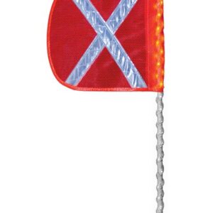 The Justrite Whip,Ap,Led,W,10,Of,Wx,Wf is a 10-foot red safety flag with a white reflective X pattern and LED lights, mounted on a segmented white pole with a green tip.