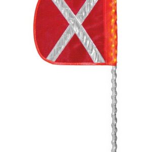 The Justrite Whip, Led, Wht, 8, Of,Wx,W includes a red safety flag with a white reflective X on an 8 pole featuring built-in LED lights and a green cap.