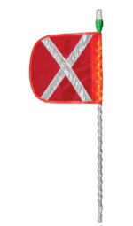 The Justrite Whip,Ap,Led,W,8,Of,Wx,Wf features a red safety flag with a silver reflective X on a white segmented pole. It includes small yellow LED lights along the right edge and a green cap for enhanced visibility and safety.