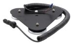 The black triangular car roof mount, compatible with the Justrite Whip, Acc, Mnt, Mag, Lit, Ld, features three strong magnets and a coiled cable with a power adapter plug. It includes small screws and a central hole for securely attaching devices.