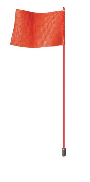 FSRR7R-HB.jpg The Justrite Whip, Ld, Red, 7, Rof, Hexb features a small solid red flag resembling the iconic 7 emblem. Its attached to a red pole with a pointed metal base designed for outdoor placement and appears slightly curved as if fluttering against a plain white background.