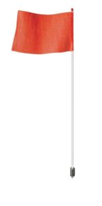A Justrite Whip, red safety flag on a long white pole with a small black base, adds vitality with its motion against the plain white backdrop.