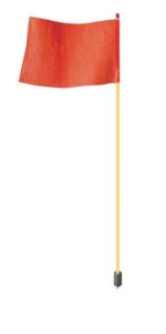 A yellow Justrite Whip flag with a Hexb-inspired design stands upright on a tall, thin Rof pole against a plain white background.