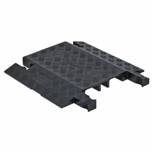 The Justrite Cp,Gd,3Ch,Do,B cable protector offers a textured surface with three channels for efficient cable management. Its modular design includes interlocking sections for easy extension and a diamond plate pattern for added traction.