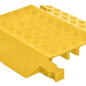 The Justrite Cp,Gd,3Ch,Do,Y yellow modular cable protector has a diamond plate surface with grooved channels for efficient cable management and beveled edges for smooth transitions.