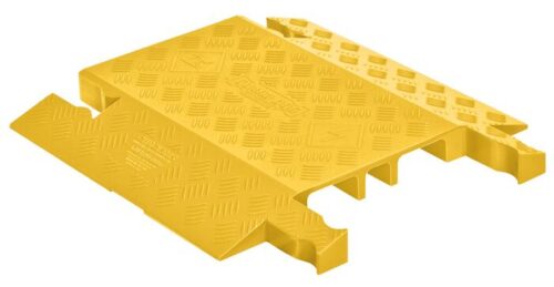 The Justrite Cp,Gd,3Ch,Do,Y yellow modular cable protector has a diamond plate surface with grooved channels for efficient cable management and beveled edges for smooth transitions.