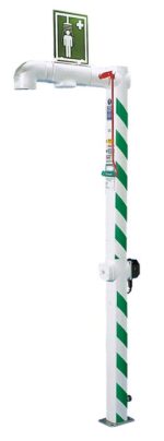 The Justrite H (model: Shower, Fp, Flr Mnt, Glv, 1H) features a striped green and white pole with an overhead showerhead and a red pull lever. It includes an emergency sign at the top for easy floor-mounted access in critical situations.