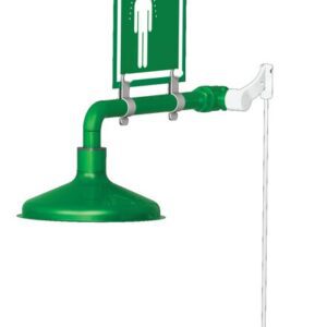 The labs emergency safety shower, the Justrite H, features a green pull handle and wall-mounted design with stainless steel construction for durability. A vibrant sign above shows a person under a shower head with water droplets for clear safety use.