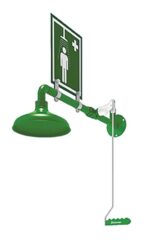 The Justrite H Lab Emergency Safety Shower, featuring a stainless steel wall mount, comes with a pull lever and Wall Mnt sign showing a person under a showerhead to indicate its use for urgent washdowns.