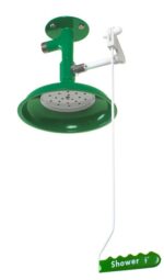 The Justrite H emergency shower head includes a Shower pull handle, ideal for labs. It has a circular sprinkler head, white activation rod, and is ceiling-mounted with visible plumbing connections.