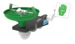Image of a Justrite H safety eyewash station featuring dual spray nozzles mounted on a black base, with an emergency use sign showing an eye and hand pictogram.