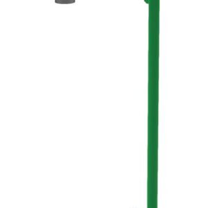 The Justrite H eyewash station features a spout, open stainless steel bowl, and lever. Mounted on a sturdy base with a pole displaying a hand icon, it ensures quick access during chemical emergencies.