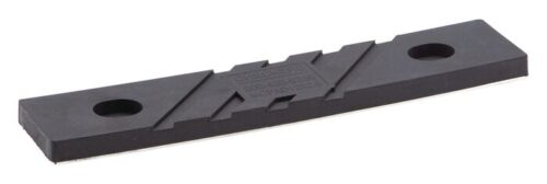 The Justrite Chock, Mc, Acc, 3009 Rpad is a black rectangular rubber pad with two round holes on each side, featuring diagonal grooves and a raised center text for a sturdy and reliable design.
