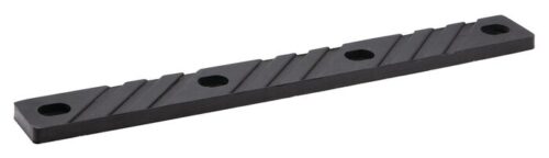 The Justrite Chock,Mc,Acc,3011,Rpad is a flat rectangular black metal strip with four evenly spaced holes and diagonal grooves.