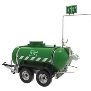 The Justrite H,Showr/Efwsh,Mobile,528G,120V emergency portable shower unit is green and features safety signage. It is mounted on a wheeled trailer with two axles and four wheels and includes a 120V system with a shower head plus various controls and gauges for optimal use.