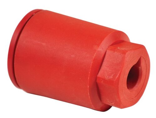 A bright red, cylindrical plastic cap with a hexagonal extension on one end and a hollow interior, designed for industrial use as a protective cover or connector for the Justrite Ssaccy Shower Nozzle.