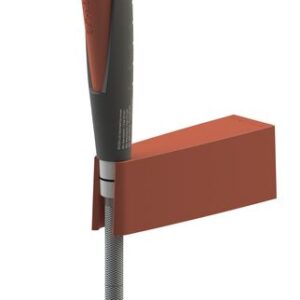 3D rendering of the Justrite H,Efwsh,Dh,Handhld,Wm,1 Nozzle in sleek black and brown, featuring a conical top and threaded rod on a rectangular block. Ideal for precision stabilization, this tool ensures reliability in every task.